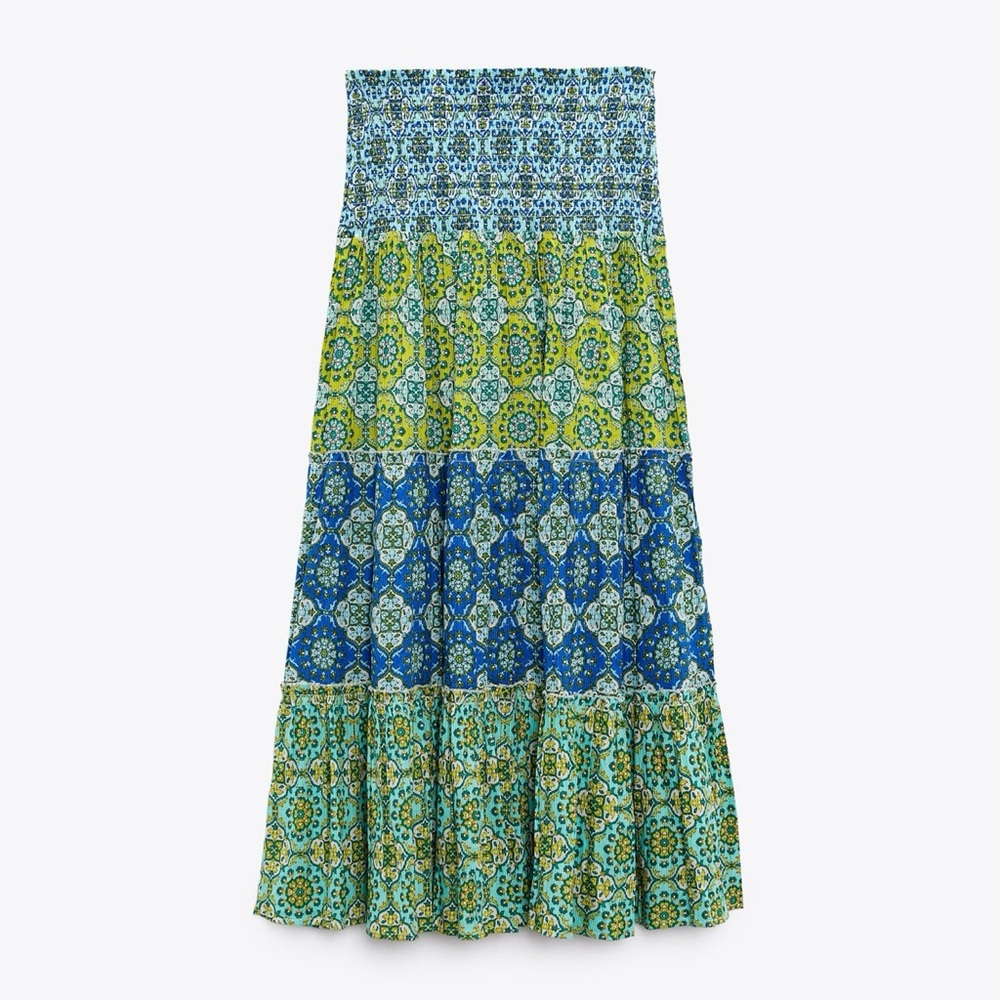 ZARA XS Multicolored Long Printed Tiered Skirt